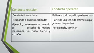 Conducta reacción
-Conducta involuntaria
-Responde a diversos estímulos
-Ejemplo, estremecerse cuando
se escucha de manera
inesperada un ruido fuerte y
extraño.
Conducta operante
-Refiere a todo aquello que hacemos
-Parte de una serie de estímulos que
generan respuestas.
-Por ejemplo, caminar.
 