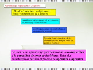 Aprendizaje Significativo Cognitivo Modelos Conductistas: su objetivo es el control y entrenamiento de la conducta Modelos de interacción social: se centran en los procesos y valores sociales Modelos personales: Orientados hacia el autodesarrollo personal. Modelos de procesamiento de la información: que trabajan sobre los procesos mentales Se trata de un aprendizaje para desarrollar la  actitud crítica y la capacidad de toma de decisiones .  Estas dos características definen el proceso de  aprender a aprender 