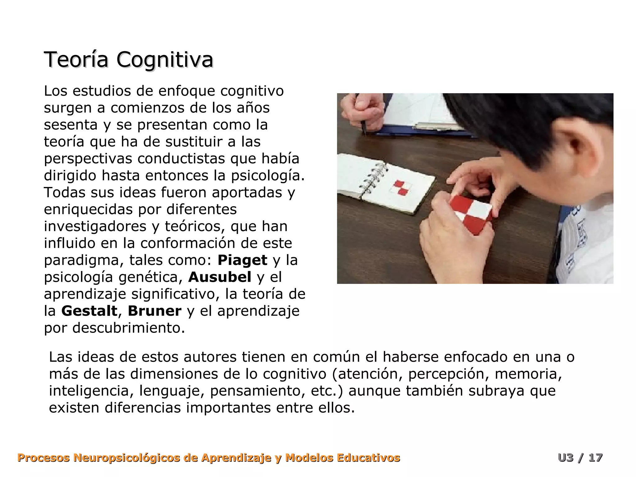Teoría Cognitiva Los estudios de enfoque cognitivo surgen a comienzos de los años sesenta y se presentan como la teoría que ha de sustituir a las perspectivas conductistas que había dirigido hasta entonces la psicología. Todas sus ideas fueron aportadas y enriquecidas por diferentes investigadores y teóricos, que han influido en la conformación de este paradigma, tales como:  Piaget  y la psicología genética,  Ausubel  y el aprendizaje significativo, la teoría de la  Gestalt ,  Bruner  y el aprendizaje por descubrimiento.  Las ideas de estos autores tienen en común el haberse enfocado en una o más de las dimensiones de lo cognitivo (atención, percepción, memoria, inteligencia, lenguaje, pensamiento, etc.) aunque también subraya que existen diferencias importantes entre ellos.  