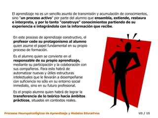 El aprendizaje no es un sencillo asunto de transmisión y acumulación de conocimientos, sino " un proceso activo " por parte del alumno que  ensambla, extiende, restaura e interpreta, y por lo tanto "construye" conocimientos partiendo de su experiencia e integrándola con la información que recibe .  En este proceso de aprendizaje constructivo, el  profesor cede su protagonismo al alumno  quien asume el papel fundamental en su propio proceso de formación.  Es el alumno quien se convierte en el  responsable de su propio aprendizaje,  mediante su participación y la colaboración con sus compañeros. Para esto habrá de automatizar nuevas y útiles estructuras intelectuales que le llevarán a desempeñarse con suficiencia no sólo en su entorno social inmediato, sino en su futuro profesional. Es el propio alumno quien habrá de lograr la  transferencia de lo teórico hacia ámbitos prácticos , situados en contextos reales. 