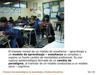 El traslado mental de un modelo de enseñanza – aprendizaje a un  modelo de aprendizaje – enseñanza  es complejo y supone un fuerte cambio de mentalidad profesional. Es una ruptura epistemológica derivada de un  cambio de paradigma , al transitar de un modelo conductista a un modelo socio – cognitivo. 