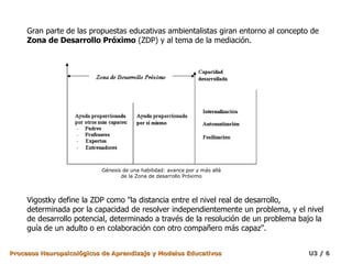 Vigostky define la ZDP como "la distancia entre el nivel real de desarrollo, determinada por la capacidad de resolver independientemente un problema, y el nivel de desarrollo potencial, determinado a través de la resolución de un problema bajo la guía de un adulto o en colaboración con otro compañero más capaz". Gran parte de las propuestas educativas ambientalistas giran entorno al concepto de  Zona de Desarrollo Próximo  (ZDP) y al tema de la mediación. Génesis de una habilidad: avance por y más allá  de la Zona de desarrollo Próximo  