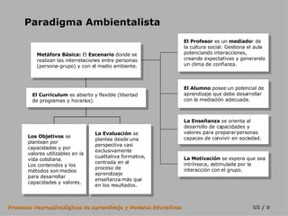 Paradigma Ambientalista Metáfora Básica:  El  Escenario  donde se realizan las interrelaciones entre personas (persona-grupo) y con el medio ambiente. El Currículum  es abierto y flexible (libertad de programas y horarios). Los Objetivos  se plantean por capacidades y por valores utilizables en la vida cotidiana.  Los contenidos y los métodos son medios para desarrollar capacidades y valores. La Evaluación  se plantea desde una perspectiva casi exclusivamente cualitativa formativa, centrada en el proceso de aprendizaje enseñanza más que en los resultados. El Profesor  es un  mediado r de la cultura social. Gestiona el aula potenciando interacciones, creando expectativas y generando un clima de confianza. El Alumno  posee un potencial de aprendizaje que debe desarrollar con la mediación adecuada. La Enseñanza  se orienta al desarrollo de capacidades y valores para preparar personas capaces de convivir en sociedad. La Motivación  se espera que sea intrínseca, estimulada por la interacción con el grupo. 