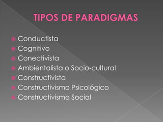  Conductista
 Cognitivo
 Conectivista
 Ambientalista o Socio-cultural
 Constructivista
 Constructivismo Psicológico
 Constructivismo Social
 