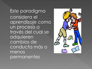 Este paradigma
considera el
aprendizaje como
un proceso a
través del cual se
adquieren
cambios de
conducta más o
menos
permanentes
 