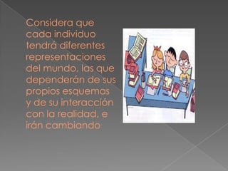 Considera que
cada individuo
tendrá diferentes
representaciones
del mundo, las que
dependerán de sus
propios esquemas
y de su interacción
con la realidad, e
irán cambiando
 