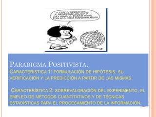 PARADIGMA POSITIVISTA.
CARACTERÍSTICA 1: FORMULACIÓN DE HIPÓTESIS, SU
VERIFICACIÓN Y LA PREDICCIÓN A PARTIR DE LAS MISMAS.

CARACTERÍSTICA 2: SOBREVALORACIÓN DEL EXPERIMENTO, EL
EMPLEO DE MÉTODOS CUANTITATIVOS Y DE TÉCNICAS
ESTADÍSTICAS PARA EL PROCESAMIENTO DE LA INFORMACIÓN.
 