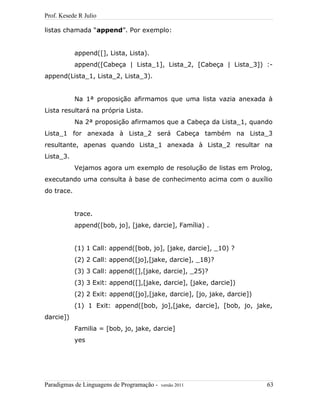 Prof. Kesede R Julio
listas chamada “append”. Por exemplo:
append([], Lista, Lista).
append([Cabeça | Lista_1], Lista_2, [Cabeça | Lista_3]) :-
append(Lista_1, Lista_2, Lista_3).
Na 1ª proposição afirmamos que uma lista vazia anexada à
Lista resultará na própria Lista.
Na 2ª proposição afirmamos que a Cabeça da Lista_1, quando
Lista_1 for anexada à Lista_2 será Cabeça também na Lista_3
resultante, apenas quando Lista_1 anexada à Lista_2 resultar na
Lista_3.
Vejamos agora um exemplo de resolução de listas em Prolog,
executando uma consulta à base de conhecimento acima com o auxílio
do trace.
trace.
append([bob, jo], [jake, darcie], Família) .
(1) 1 Call: append([bob, jo], [jake, darcie], _10) ?
(2) 2 Call: append([jo],[jake, darcie], _18)?
(3) 3 Call: append([],[jake, darcie], _25)?
(3) 3 Exit: append([],[jake, darcie], [jake, darcie])
(2) 2 Exit: append([jo],[jake, darcie], [jo, jake, darcie])
(1) 1 Exit: append([bob, jo],[jake, darcie], [bob, jo, jake,
darcie])
Familia = [bob, jo, jake, darcie]
yes
Paradigmas de Linguagens de Programação - versão 2011 63
 