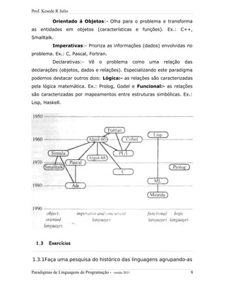 Prof. Kesede R Julio
Orientado à Objetos:- Olha para o problema e transforma
as entidades em objetos (características e funções). Ex.: C++,
Smalltalk.
Imperativas:- Prioriza as informações (dados) envolvidas no
problema. Ex.: C, Pascal, Fortran.
Declarativas:- Vê o problema como uma relação das
declarações (objetos, dados e relações). Especializando este paradigma
podemos destacar outros dois: Lógica:- as relações são caracterizadas
pela lógica matemática. Ex.: Prolog, Godel e Funcional:- as relações
são caracterizadas por mapeamentos entre estruturas simbólicas. Ex.:
Lisp, Haskell.
1.3 Exercícios
1.3.1Faça uma pesquisa do histórico das linguagens agrupando-as
Paradigmas de Linguagens de Programação - versão 2011 8
 