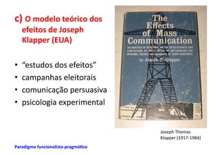 c)	
  O	
  modelo	
  teórico	
  dos	
  
     efeitos	
  de	
  Joseph	
  
     Klapper	
  (EUA)	
  	
  

•    “estudos	
  dos	
  efeitos”	
  
•    campanhas	
  eleitorais	
  
•    comunicação	
  persuasiva	
  
•    psicologia	
  experimental	
  


                                             Joseph	
  Thomas	
  
                                             Klapper	
  (1917-­‐1984)	
  
Paradigma	
  funcionalista-­‐pragmá/co	
  
 