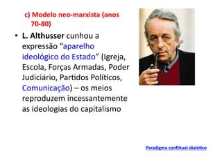c)	
  Modelo	
  neo-­‐marxista	
  (anos	
  
       70-­‐80)	
  
•  L.	
  Althusser	
  cunhou	
  a	
  
   expressão	
  “aparelho	
  
   ideológico	
  do	
  Estado”	
  (Igreja,	
  
   Escola,	
  Forças	
  Armadas,	
  Poder	
  
   Judiciário,	
  Par;dos	
  Polí;cos,	
  
   Comunicação)	
  –	
  os	
  meios	
  
   reproduzem	
  incessantemente	
  
   as	
  ideologias	
  do	
  capitalismo	
  



                                                 Paradigma	
  conﬂitual-­‐dialé/co	
  
 