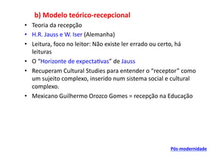 b)	
  Modelo	
  teórico-­‐recepcional	
  	
  
•  Teoria	
  da	
  recepção	
  
•  H.R.	
  Jauss	
  e	
  W.	
  Iser	
  (Alemanha)	
  
•  Leitura,	
  foco	
  no	
  leitor:	
  Não	
  existe	
  ler	
  errado	
  ou	
  certo,	
  há	
  
   leituras	
  
•  O	
  “Horizonte	
  de	
  expecta;vas”	
  de	
  Jauss	
  
•  Recuperam	
  Cultural	
  Studies	
  para	
  entender	
  o	
  “receptor”	
  como	
  
   um	
  sujeito	
  complexo,	
  inserido	
  num	
  sistema	
  social	
  e	
  cultural	
  
   complexo.	
  
•  Mexicano	
  Guilhermo	
  Orozco	
  Gomes	
  =	
  recepção	
  na	
  Educação	
  




                                                                                 Pós-­‐modernidade	
  
 