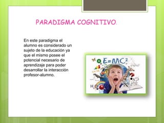 PARADIGMA COGNITIVO.
En este paradigma el
alumno es considerado un
sujeto de la educación ya
que el mismo posee el
potencial necesario de
aprendizaje para poder
desarrollar la interacción
profesor-alumno.
 