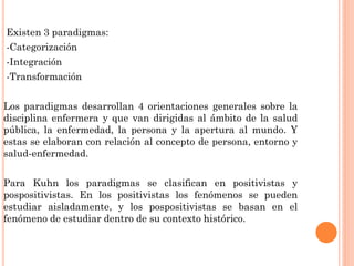Existen 3 paradigmas:
-Categorización
-Integración
-Transformación
Los paradigmas desarrollan 4 orientaciones generales sobre la
disciplina enfermera y que van dirigidas al ámbito de la salud
pública, la enfermedad, la persona y la apertura al mundo. Y
estas se elaboran con relación al concepto de persona, entorno y
salud-enfermedad.
Para Kuhn los paradigmas se clasifican en positivistas y
pospositivistas. En los positivistas los fenómenos se pueden
estudiar aisladamente, y los pospositivistas se basan en el
fenómeno de estudiar dentro de su contexto histórico.

 
