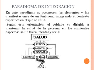 PARADIGMA DE INTEGRACIÓN
En este paradigma se reconocen los elementos y las
manifestaciones de un fenómeno integrando el contexto
especifico en el que se sitúa.
Según esta orientación, el cuidado va dirigido a
mantener la salud de la persona en los siguientes
aspectos: salud física, mental y social.

 