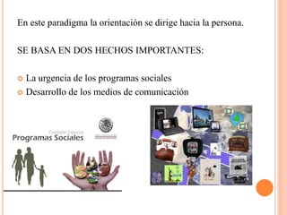 En este paradigma la orientación se dirige hacia la persona.
SE BASA EN DOS HECHOS IMPORTANTES:

La urgencia de los programas sociales
 Desarrollo de los medios de comunicación


 