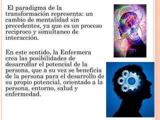 El paradigma de la
transformación representa: un
cambio de mentalidad sin
precedentes, ya que es un proceso
reciproco y simultaneo de
interacción.
En este sentido, la Enfermera
crea las posibilidades de
desarrollar el potencial de la
persona, que a su vez se beneficia
de la persona para el desarrollo de
su propio potencial, orientado a la
persona, entorno, salud y
enfermedad.

 