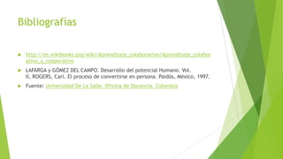 Bibliografías


http://es.wikibooks.org/wiki/Aprendizaje_colaborativo/Aprendizaje_colabor
ativo_y_cooperativo



LAFARGA y GÓMEZ DEL CAMPO. Desarrollo del potencial Humano. Vol.
II, ROGERS, Carl. El proceso de convertirse en persona. Paidós, México, 1997.



Fuente: Universidad De La Salle. Oficina de Docencia. Colombia

 