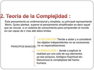 Esta pensamiento es unidimensional y simplista, su principal representante
Morin, Quien plantea superar el pensamiento simplificador es decir aquel
que se vincula a un sistema de conocimiento para comprender el mundo
sin ser capaz de ir mas allá delos limites.
PRINCIPIOS BASICOS:
LA DIYUNCION: Tiende a aislar y a considerar
los objetos independientes no se conexiones
no ve especializaciones
LA REDUCCION : tiende a explicar la
realidad por uno solo de sus elementos
ya sea psíquico, biológico Espiritual etc.
Desconoce la complejidad del hecho
humano
 