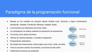 Paradigma de la programación funcional
● Basado en los modelos de cómputo cálculo lambda (Lisp, Scheme) y lógica combinatoria
(familia ML, Haskell), Familia ML (Miranda, Haskell, Scala).
● Las funciones son elementos de primer orden.
● La computación se realiza mediante la evaluación de expresiones.
● Funciones como datos primitivos.
● Valores sin efectos laterales, no existe la asignación.
● Programación declarativa.
● No existen las instrucciones cíclicas tales como el for, while, do-while.
● Todo se procesa usando recursividad y funciones de alto orden.
● Implementa funciones ya existentes.
 