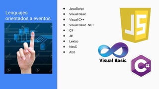 Lenguajes
orientados a eventos
● JavaScript
● Visual Basic
● Visual C++
● Visual Basic .NET
● C#
● J#
● Lexico
● NesC
● AS3
 