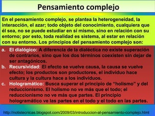En el pensamiento complejo, se plantea la heterogeneidad, la
interacción, el azar; todo objeto del conocimiento, cualquiera que
él sea, no se puede estudiar en sí mismo, sino en relación con su
entorno; por esto, toda realidad es sistema, al estar en relación
con su entorno. Los principios del pensamiento complejo son:
Pensamiento complejoPensamiento complejo
http://notistecnicas.blogspot.com/2009/03/introduccion-al-pensamiento-complejo.html
a. El dialógico: A diferencia de la dialéctica no existe superación
de contrarios, sino que los dos términos coexisten sin dejar de
ser antagónicos.
b. Recursividad: El efecto se vuelve causa, la causa se vuelve
efecto; los productos son productores, el individuo hace
cultura y la cultura hace a los individuos.
c. Hologramático: Busca superar el principio de “holismo” y del
reduccionismo. El holismo no ve más que el todo; el
reduccionismo no ve más que partes. El principio
hologramático ve las partes en el todo y el todo en las partes.
a. El dialógico: A diferencia de la dialéctica no existe superación
de contrarios, sino que los dos términos coexisten sin dejar de
ser antagónicos.
b. Recursividad: El efecto se vuelve causa, la causa se vuelve
efecto; los productos son productores, el individuo hace
cultura y la cultura hace a los individuos.
c. Hologramático: Busca superar el principio de “holismo” y del
reduccionismo. El holismo no ve más que el todo; el
reduccionismo no ve más que partes. El principio
hologramático ve las partes en el todo y el todo en las partes.
 