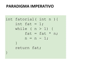 int fatorial( int n ){
int fat = 1;
while ( n > 1) {
fat = fat * n;
n = n - 1;
}
return fat;
}
PARADIGMA IMPERATIVO
 
