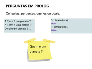 PERGUNTAS EM PROLOG
Consultas, perguntas, queries ou goals.
A Terra é um planeta ?
A Terra é uma estrela ?
O sol é um planeta ? ...
?- planeta(terra).
true.
?- estrela(terra).
false.
Quem é um
planeta ?
 