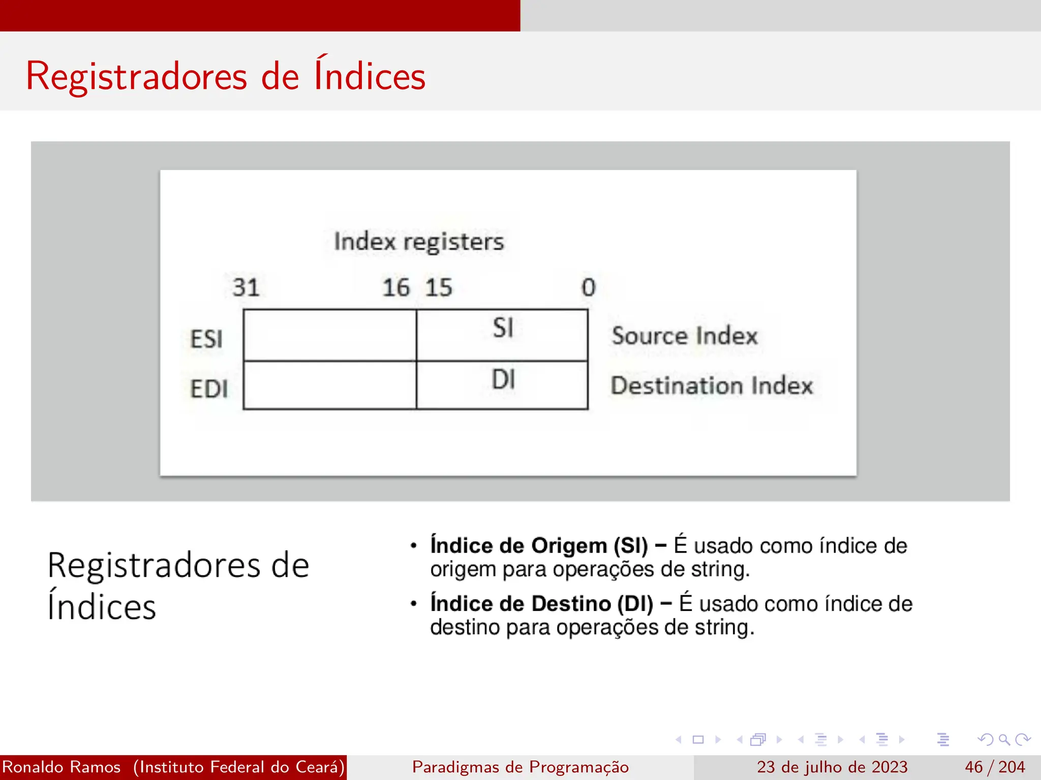Registradores de Índices
Ronaldo Ramos (Instituto Federal do Ceará) Paradigmas de Programação 23 de julho de 2023 46 / 204
 