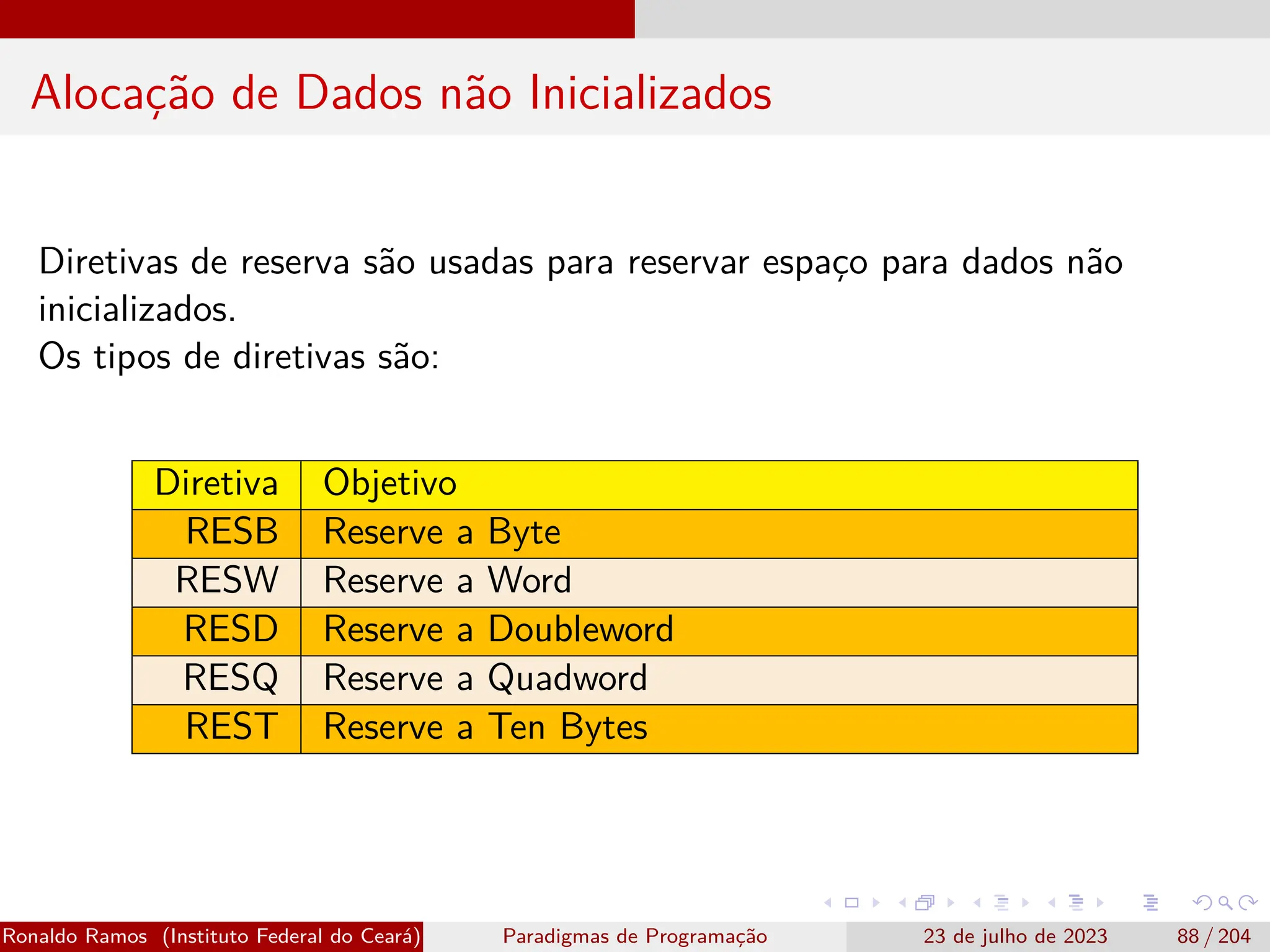 Alocação de Dados não Inicializados
Diretivas de reserva são usadas para reservar espaço para dados não
inicializados.
Os tipos de diretivas são:
Diretiva Objetivo
RESB Reserve a Byte
RESW Reserve a Word
RESD Reserve a Doubleword
RESQ Reserve a Quadword
REST Reserve a Ten Bytes
Ronaldo Ramos (Instituto Federal do Ceará) Paradigmas de Programação 23 de julho de 2023 88 / 204
 
