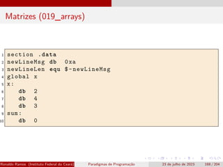 Matrizes (019_arrays)
1 section .data
2 newLineMsg db 0xa
3 newLineLen equ $-newLineMsg
4 global x
5 x:
6 db 2
7 db 4
8 db 3
9 sum:
10 db 0
Ronaldo Ramos (Instituto Federal do Ceará) Paradigmas de Programação 23 de julho de 2023 168 / 204
 