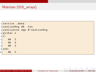Matrizes (019_arrays)
1 section .data
2 newLineMsg db 0xa
3 newLineLen equ $-newLineMsg
4 global x
5 x:
6 db 2
7 db 4
8 db 3
9 sum:
10 db 0
Ronaldo Ramos (Instituto Federal do Ceará) Paradigmas de Programação 24 de julho de 2023 168 / 205
 