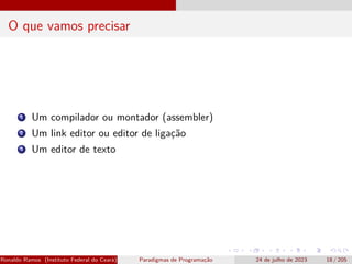 O que vamos precisar
1 Um compilador ou montador (assembler)
2 Um link editor ou editor de ligação
3 Um editor de texto
Ronaldo Ramos (Instituto Federal do Ceará) Paradigmas de Programação 24 de julho de 2023 18 / 205
 