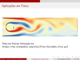 Aplicações em Física
Feito em Fortran Animação em
https://en.wikipedia.org/wiki/File:Cylinder_flow.gif
Ronaldo F. Ramos (Instituto Federal do Ceará) Paradigmas de Programação 6 de agosto de 2023 13 / 121
 