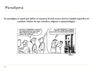 Un paradigma es aquel que define un esquema formal, marco teórico, modelo especifico en
cualquier ámbito de tipo científico, religioso o epistemológico.
 