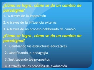 1. A través de la imposición
2.A través de la influencia externa
3.A través de un proceso deliberado de cambio
¿Cómo se logra, cómo se da un cambio de
paradigma?
¿Cómo se logra, cómo se da un cambio de
paradigma?
1. Cambiando las estructuras educativas
2. Modificando la pedagogía
3.Sustituyendo los propósitos
4.A través de los procesos de evaluación
 