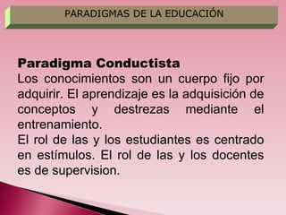 PARADIGMAS DE LA EDUCACIÓN Paradigma Conductista Los conocimientos son un cuerpo fijo por adquirir. El aprendizaje es la a...
