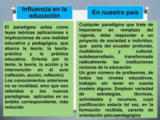 Influencia en la
                                         En nuestro país
           educación
                                   Cualquier paradigma que trate de
El paradigma actúa como
                                   imponerse      en    remplazo     del
leyes teóricas aplicaciones e
                                   vigente, debe responder a un
implicaciones de una realidad
                                   proyecto de sociedad e individuo,
educativa y pedagógica, que
                                   que parta del ecuador profundo,
abarca la teoría, la teoría-
                                   multiétnico        y         cultural,
práctica     y     la   práctica
                                   subdesarrollado,       transformado
educativa. Orienta por lo
                                   radicalmente las instituciones
tanto, la teoría, la acción y la
                                   rectoras de la educación
intervención en el aula
                                   Un gran número de profesores, de
(reflexión, acción, reflexión)
                                   todos los niveles educativos,
Los conocimientos anteriores
                                   trabajan sin tener en cuenta
no se invalidad, sino que son
                                   modelo alguno. Emplean variedad
referidos    a    los    nuevos
                                   de       estrategias,       técnicas,
paradigmas aplicados en su
                                   actividades y recursos, cuya
ámbito correspondiente, más
                                   justificación estaría tal vez, en la
reducido
                                   formación recibida, carente de
                                   orientación psicopedagógica
 