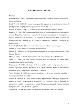 PARADIGMAS EDUCATIVOS
Fuentes:
Blanco Muñoz, S. (2010). Nuevos paradigmas educativos. Guía para docentes universitarios.
Lima: San Marcos.
Bonil, J. et al. (2004). Un nuevo marco para dar respuesta a las dinámicas sociales: el
paradigma de la complejidad. Investigación en la escuela, 53, 5-19.
Castells, M. (coord.) (2006). La sociedad en red: una visión global. Madrid: Alianza
Degiordi; G. (2012). Del paradigma de la disciplina al paradigma de la convivencia en la
escuela. Biopolítica, resistencia y creación. IV Congreso Internacional de Investigación y
Práctica Profesional en Psicología XIX Jornadas de Investigación. VIII Encuentro de
Investigadores en Psicología del MERCOSUR. Facultad de Psicología. Universidad de
Buenos Aires.
Jasiner, C. (2014). No al fracaso escolar. Claves y recursos. Buenos Aires: Lugar.
Landow, G. (1997). Teoría del hipertexto. Madrid: Paidós.
Lastres, H. y Albagli, S. (1999): Informacao e globalizacao na era do conhecimiento. Río de
Janeiro: Campus.
Morin, E. (1981). El Método. La naturaleza de la naturaleza, Vol. I. Madrid: Cátedra.
Morin, E. (1999). Los siete saberes necesarios para la educación del futuro. París:
Organización de las Naciones Unidas.
Najmanovich D. (2008). El desafío de la complejidad: redes, cartografías dinámicas y
mundos implicados. Artículo presentado en el Tercer Seminario Bienal de Implicaciones
Filosóficas de las Ciencias de la Complejidad. La Habana,
Torres Martínez, R. (2006). Los nuevos paradigmas en la actual revolución científica y
tecnológica. San José: ENUDED.
Verdejo, P. y Freixas, R. (2009). Educación para el pensamiento complejo y competencias:
Diseño de tareas y experiencias de aprendizaje. En: Estrategias para el desarrollo de
pensamiento complejo y competencias en el aula. Trabajo presentado en la Primera reunión de
trabajo de Innova Cesal, Mendoza, Argentina.
Wagensberg, J. (1994). Ideas sobre la complejidad en el mundo. Barcelona: Tusquets.
1
 