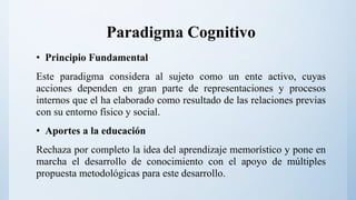 Paradigma Cognitivo
• Principio Fundamental
Este paradigma considera al sujeto como un ente activo, cuyas
acciones dependen en gran parte de representaciones y procesos
internos que el ha elaborado como resultado de las relaciones previas
con su entorno físico y social.
• Aportes a la educación
Rechaza por completo la idea del aprendizaje memorístico y pone en
marcha el desarrollo de conocimiento con el apoyo de múltiples
propuesta metodológicas para este desarrollo.
 
