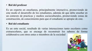 • Rol del profesor
Es un experto en enseñanza, principalmente interactivo, promoviendo de
este modo el desarrollo de los estudiantes, además de que debe enseñar en
un contexto de practicas y medios socioculturales, promoviendo zonas de
construcción, de conocimiento para que el estudiante se apropie de este.
• Rol del estudiante
Es un ente social, resultado de varias interacciones tanto escolares como
extraescolares, que se encarga de reconstruir los saberes de forma
colaborativa con otros entes o miembros de la sociedad
 