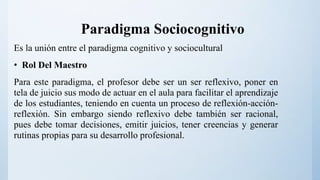 Paradigma Sociocognitivo
Es la unión entre el paradigma cognitivo y sociocultural
• Rol Del Maestro
Para este paradigma, el profesor debe ser un ser reflexivo, poner en
tela de juicio sus modo de actuar en el aula para facilitar el aprendizaje
de los estudiantes, teniendo en cuenta un proceso de reflexión-acción-
reflexión. Sin embargo siendo reflexivo debe también ser racional,
pues debe tomar decisiones, emitir juicios, tener creencias y generar
rutinas propias para su desarrollo profesional.
 