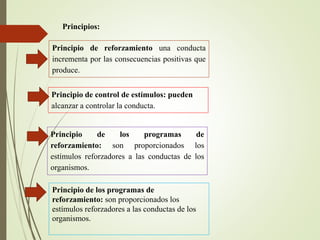 Principios:
Principio de reforzamiento una conducta
incrementa por las consecuencias positivas que
produce.
Principio de control de estímulos: pueden
alcanzar a controlar la conducta.
Principio de los programas de
reforzamiento: son proporcionados los
estímulos reforzadores a las conductas de los
organismos.
Principio de los programas de
reforzamiento: son proporcionados los
estímulos reforzadores a las conductas de los
organismos.
 