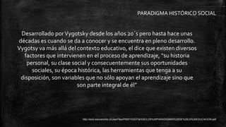 PARADIGMA HISTÓRICO SOCIAL
Desarrollado porVygotsky desde los años 20´s pero hasta hace unas
décadas es cuando se da a conocer y se encuentra en pleno desarrollo.
Vygotsy va más allá del contexto educativo, el dice que existen diversos
factores que intervienen en el proceso de aprendizaje, “su historia
personal, su clase social y consecuentemente sus oportunidades
sociales, su época histórica, las herramientas que tenga a su
disposición, son variables que no sólo apoyan el aprendizaje sino que
son parte integral de él”
http://ww2.educarchile.cl/UserFiles/P0001%5CFile%5CLOS%20PARADIGMAS%20DE%20LA%20EDUCACION.pdf
 
