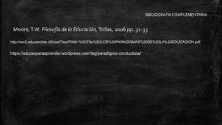 Moore,T.W. Filosofía de la Educación, Trillas, 2006 pp. 32-33
http://ww2.educarchile.cl/UserFiles/P0001%5CFile%5CLOS%20PARADIGMAS%20DE%20LA%20EDUCACION.pdf
BIBLIOGRAFÍACOMPLEMENTARIA
https://educarparaaprender.wordpress.com/tag/paradigma-conductista/
 
