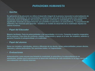 • Aportes
Su aplicación en la educación se refiere al desarrollo integral de la persona, buscando la autorrealización de
cada uno, la concreción de sus necesidades y aspiraciones, para que el docente pueda crear condiciones
necesarias como un facilitador del proceso de aprender centrando su metodología en el aprendizaje
significativo vivencial y la autoevaluación que posibilita la autocrítica y la autoconfianza. La importancia del
ambiente y las vivencias para aprender. Establece un modelo de desarrollo de la creatividad. Impulsa los
valores humanos.
• Papel del Educador
Maestro facilitador. Parte de potencialidades y las necesidades individuales. Fomentar el espíritu cooperativo
de los alumnos. Crea clima de confianza, respeto, comprensión y apoyo en el aula. Ser empático, auténtico y
genuino Fomenta el autoaprendizaje y la creatividad.
• Papel del alumno
Seres con iniciativa, individuales, únicos y diferentes de los demás, tienen potencialidades, poseen afectos,
intereses y valores particulares. Son personas totales, no fragmentadas.
• Evaluaciones
Autoevaluación como recurso que fomenta la creatividad, la autocrítica y la autoconfianza de los
estudiantes; señalan que la aproximación al desarrollo individual de cada estudiante no se logra dentro de
una evaluación con criterios externos.
 