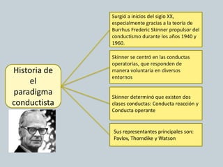 Historia de
el
paradigma
conductista
Surgió a inicios del siglo XX,
especialmente gracias a la teoría de
Burrhus Frederic Skinner propulsor del
conductismo durante los años 1940 y
1960.
Skinner se centró en las conductas
operatorias, que responden de
manera voluntaria en diversos
entornos
Skinner determinó que existen dos
clases conductas: Conducta reacción y
Conducta operante
Sus representantes principales son:
Pavlov, Thorndike y Watson
 