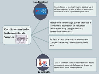 Condicionamiento
Instrumental de
Skinner
Conducta que se asocia al refuerzo positivo y/o al
refuerzo negativo, gracias al refuerzo la conducta
cada vez se da más rápidamente y más veces
Método de aprendizaje que se produce a
través de la asociación de refuerzos
(recompensas) y castigos con una
determinada conducta.
Se lleva a cabo una asociación entre el
comportamiento y la consecuencia de
este.
Esta se centra en eliminar el reforzamiento de una
conducta. Al suprimirla, la frecuencia de esta va
decreciendo, en un proceso gradual.
La adquisición
La extinción
 