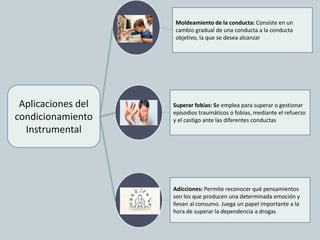 Aplicaciones del
condicionamiento
Instrumental
Moldeamiento de la conducta: Consiste en un
cambio gradual de una conducta a la conducta
objetivo, la que se desea alcanzar
Superar fobias: Se emplea para superar o gestionar
episodios traumáticos o fobias, mediante el refuerzo
y el castigo ante las diferentes conductas
Adicciones: Permite reconocer qué pensamientos
son los que producen una determinada emoción y
llevan al consumo. Juega un papel importante a la
hora de superar la dependencia a drogas
 