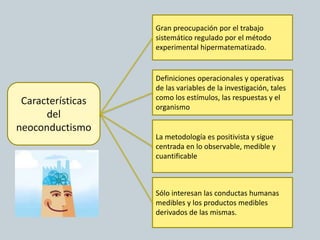 Características
del
neoconductismo
Gran preocupación por el trabajo
sistemático regulado por el método
experimental hipermatematizado.
Definiciones operacionales y operativas
de las variables de la investigación, tales
como los estímulos, las respuestas y el
organismo
La metodología es positivista y sigue
centrada en lo observable, medible y
cuantificable
Sólo interesan las conductas humanas
medibles y los productos medibles
derivados de las mismas.
 